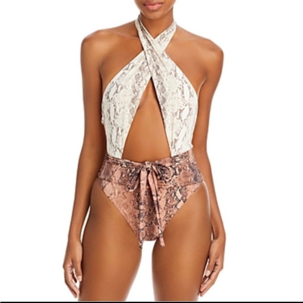 PQ Swim Alex Kaa Snakeskin Halter One-Piece Swimsuit